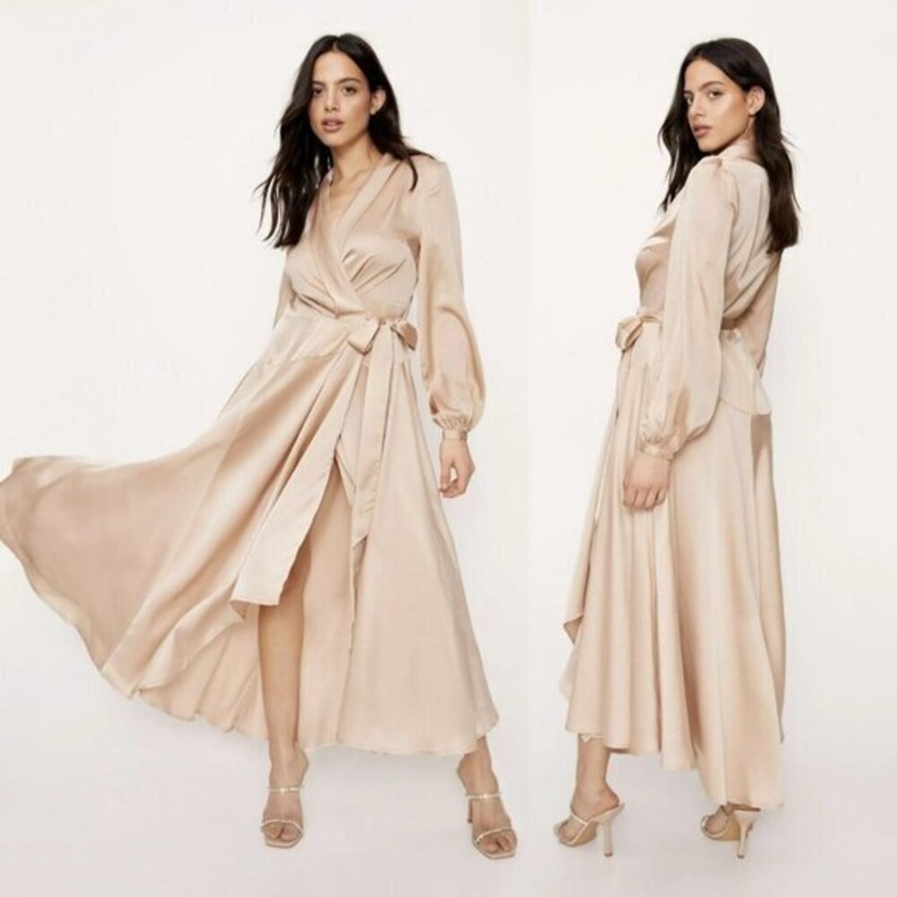 NastyGal Satin Long Sleeve Midi Wrap Dress - Rose